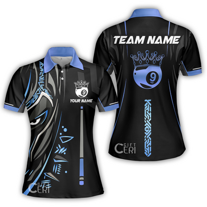 Customized Billiards Women Polo Shirt, Black Panther With Snooker Cue and Crown 9 Ball Pool Jersey