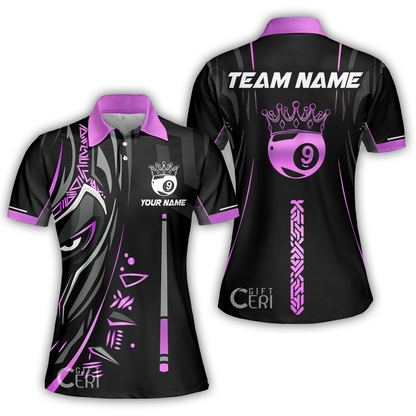 Customized Billiards Women Polo Shirt, Black Panther With Snooker Cue and Crown 9 Ball Pool Jersey