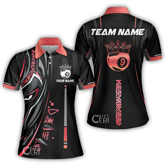 Customized Billiards Women Polo Shirt, Black Panther With Snooker Cue and Crown 9 Ball Pool Jersey