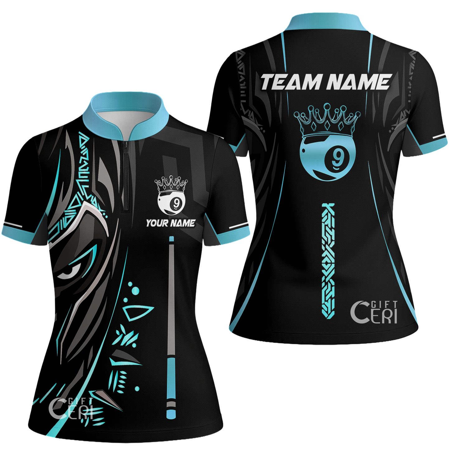 Customized Billiards Stand Collar Quarter Zip Short Sleeve Women's Shirt, Black Panther With Snooker Cue and Crown 9 Ball Pool Jersey