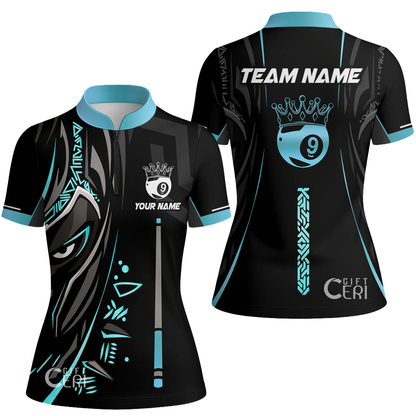 Customized Billiards Stand Collar Quarter Zip Short Sleeve Women's Shirt, Black Panther With Snooker Cue and Crown 9 Ball Pool Jersey