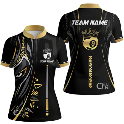 Customized Billiards Stand Collar Quarter Zip Short Sleeve Women's Shirt, Black Panther With Snooker Cue and Crown 9 Ball Pool Jersey