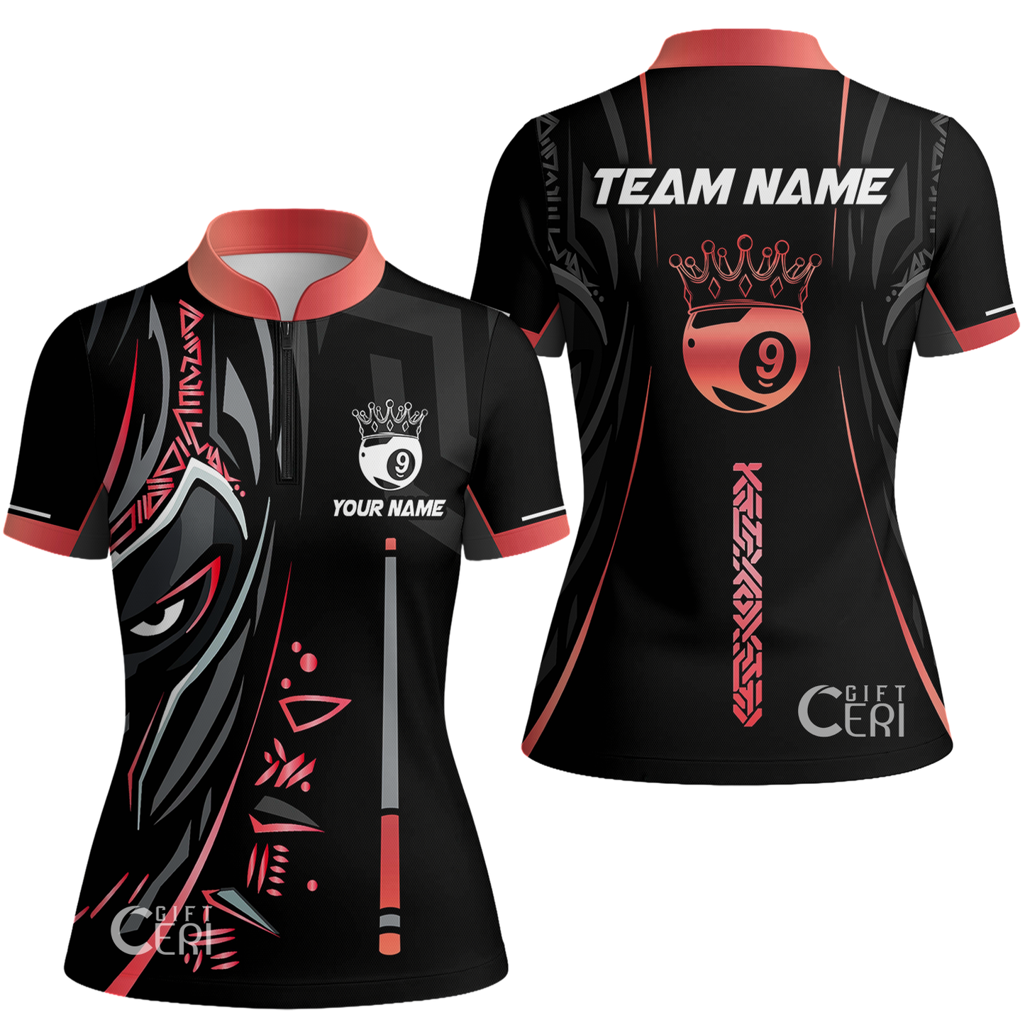 Customized Billiards Stand Collar Quarter Zip Short Sleeve Women's Shirt, Black Panther With Snooker Cue and Crown 9 Ball Pool Jersey