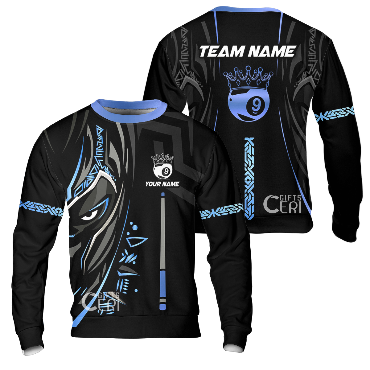 Customized Billiards Sweatshirt, Black Panther With Snooker Cue and Crown 9 Ball Pool Jersey