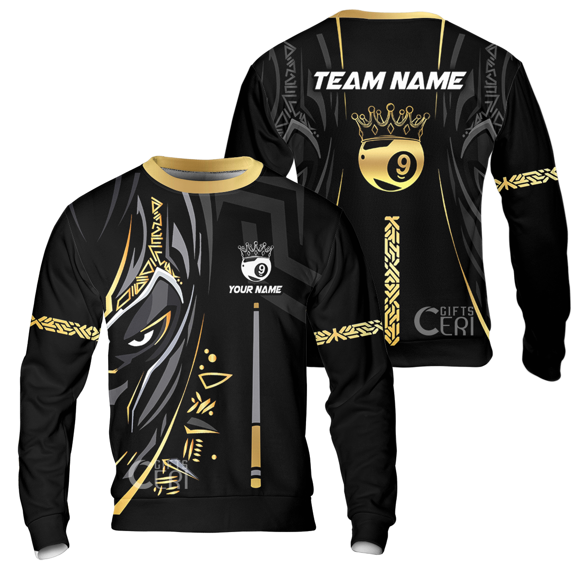 Customized Billiards Sweatshirt, Black Panther With Snooker Cue and Crown 9 Ball Pool Jersey
