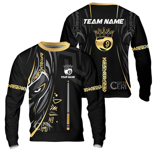 Customized Billiards Sweatshirt, Black Panther With Snooker Cue and Crown 9 Ball Pool Jersey