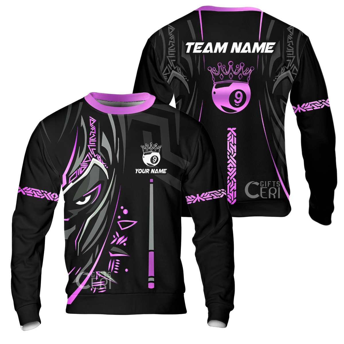 Customized Billiards Sweatshirt, Black Panther With Snooker Cue and Crown 9 Ball Pool Jersey