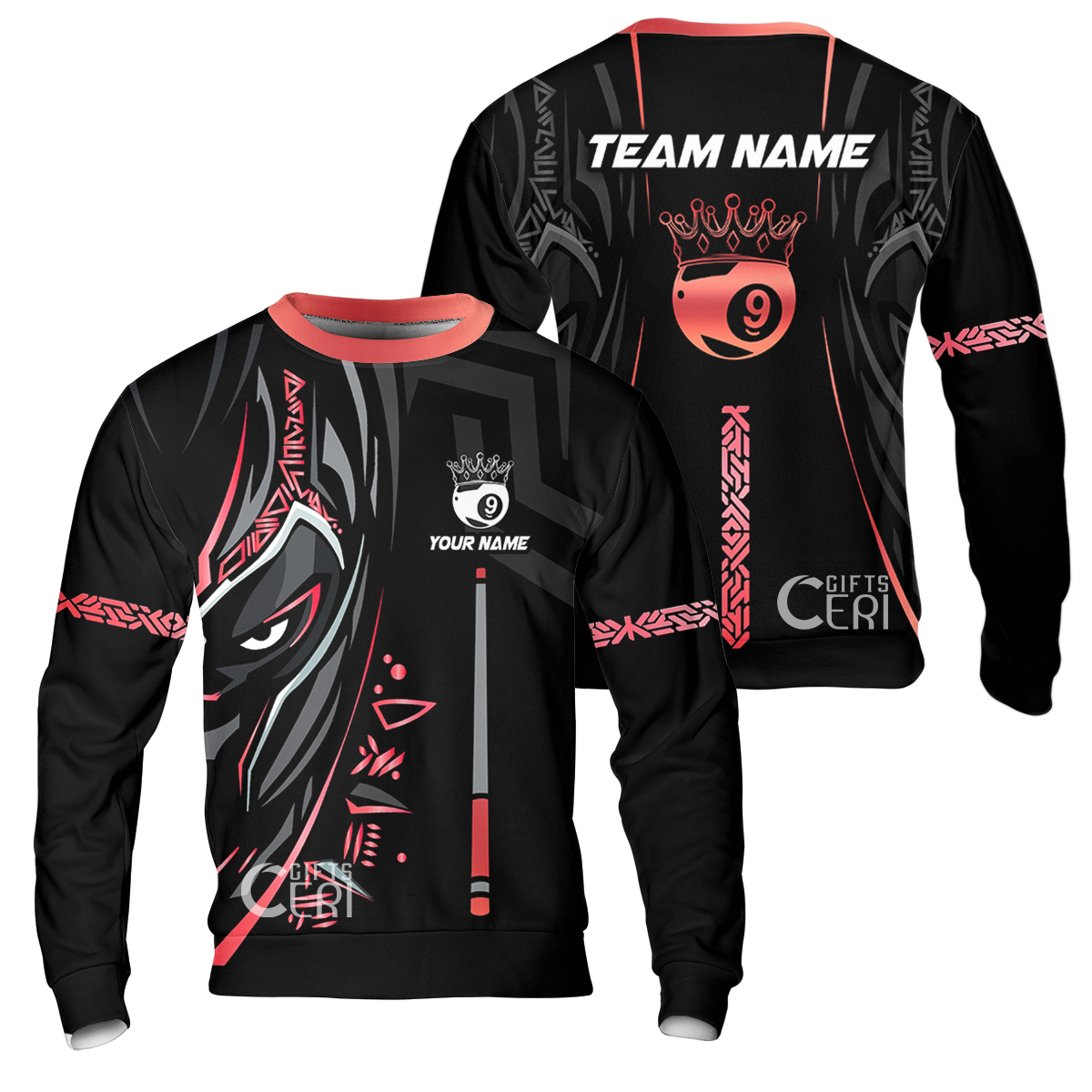 Customized Billiards Sweatshirt, Black Panther With Snooker Cue and Crown 9 Ball Pool Jersey
