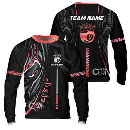 Customized Billiards Sweatshirt, Black Panther With Snooker Cue and Crown 9 Ball Pool Jersey