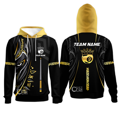 Customized Billiards Hoodies, Black Panther With Snooker Cue and Crown 9 Ball Pool Jersey