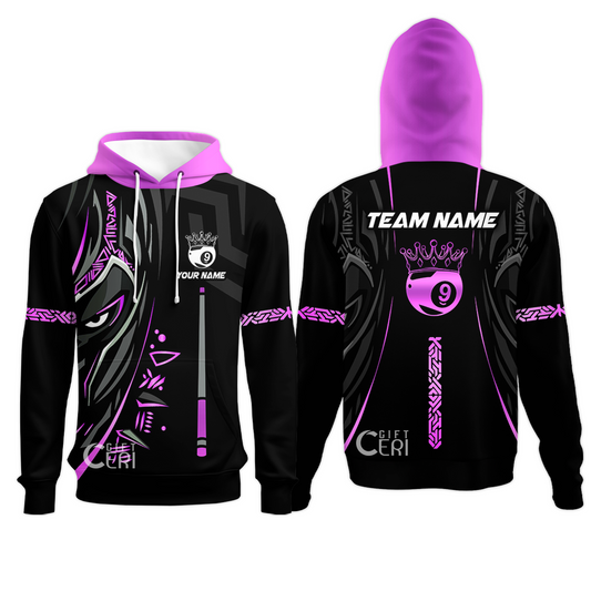 Customized Billiards Hoodies, Black Panther With Snooker Cue and Crown 9 Ball Pool Jersey