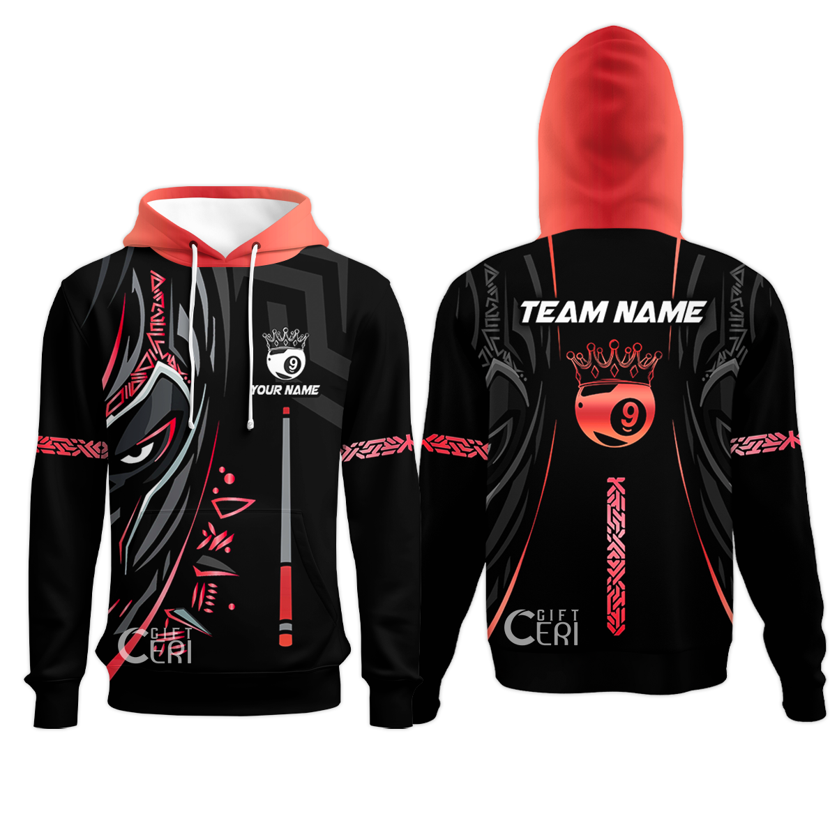 Customized Billiards Hoodies, Black Panther With Snooker Cue and Crown 9 Ball Pool Jersey