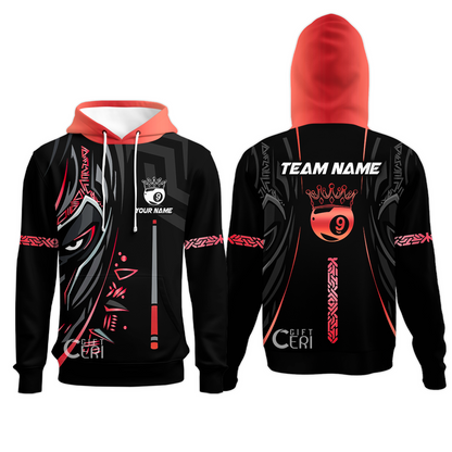 Customized Billiards Hoodies, Black Panther With Snooker Cue and Crown 9 Ball Pool Jersey