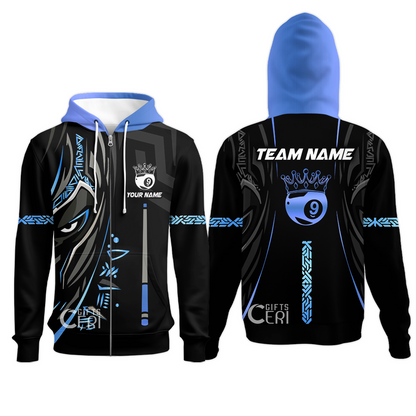 Customized Billiards Zip Hoodies, Black Panther With Snooker Cue and Crown 9 Ball Pool Jersey