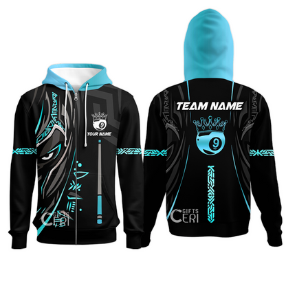 Customized Billiards Zip Hoodies, Black Panther With Snooker Cue and Crown 9 Ball Pool Jersey