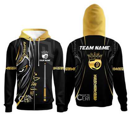 Customized Billiards Zip Hoodies, Black Panther With Snooker Cue and Crown 9 Ball Pool Jersey