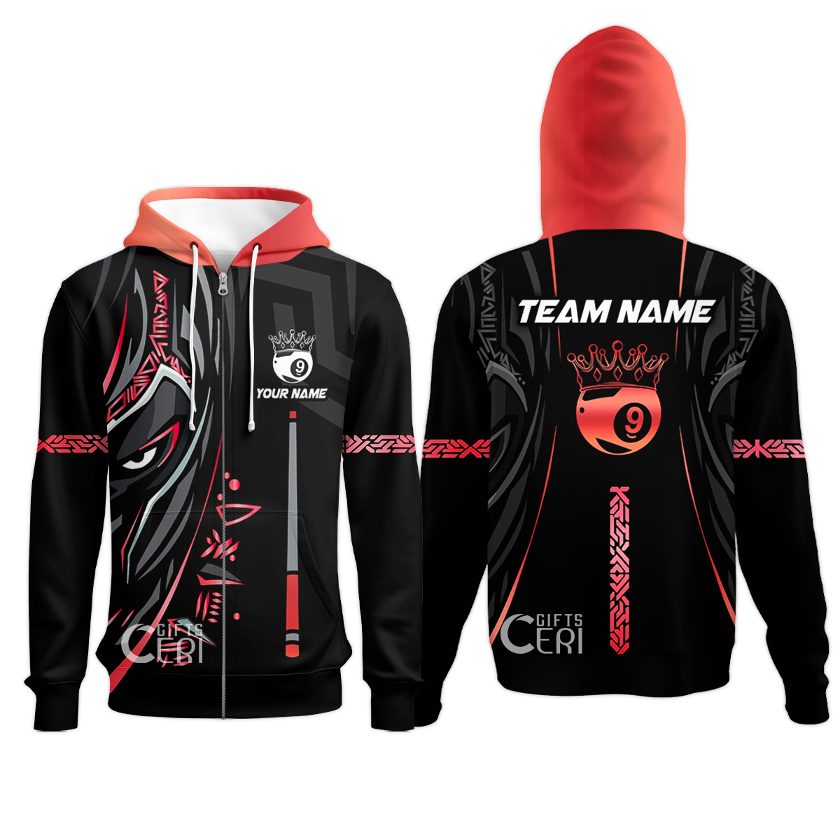 Customized Billiards Zip Hoodies, Black Panther With Snooker Cue and Crown 9 Ball Pool Jersey