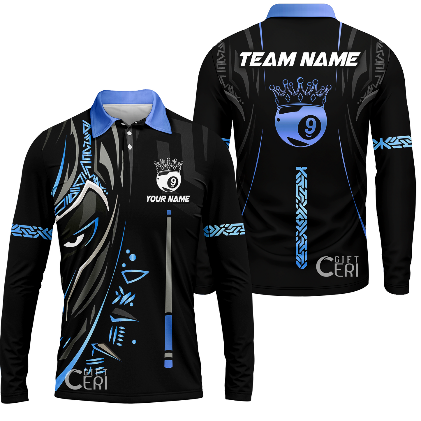 Customized Billiards Long Sleeve Polo Shirt, Black Panther With Snooker Cue and Crown 9 Ball Pool Jersey