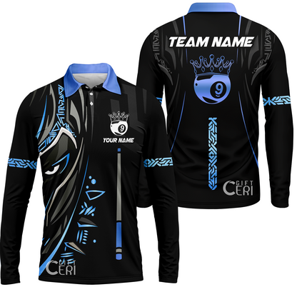 Customized Billiards Long Sleeve Polo Shirt, Black Panther With Snooker Cue and Crown 9 Ball Pool Jersey
