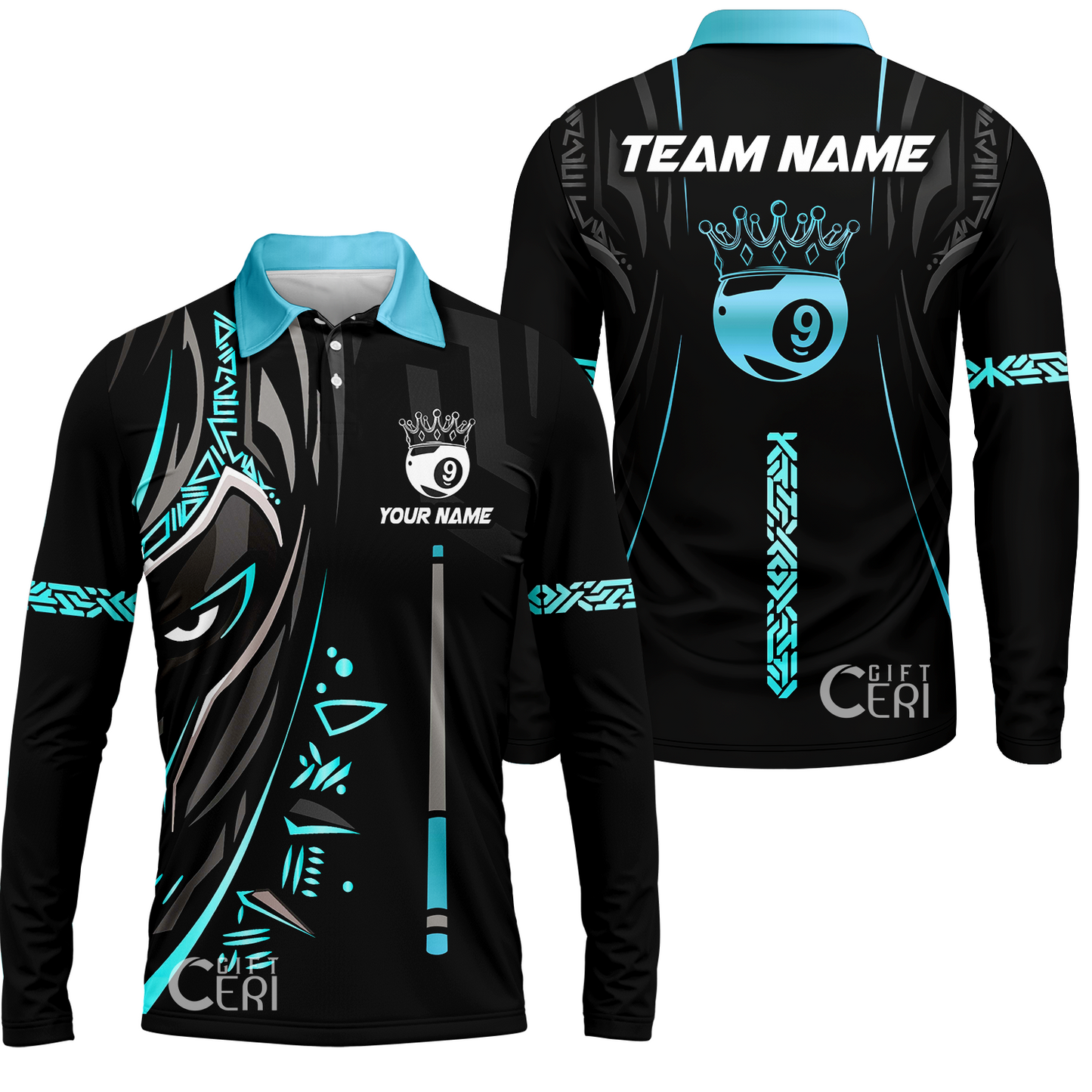 Customized Billiards Long Sleeve Polo Shirt, Black Panther With Snooker Cue and Crown 9 Ball Pool Jersey