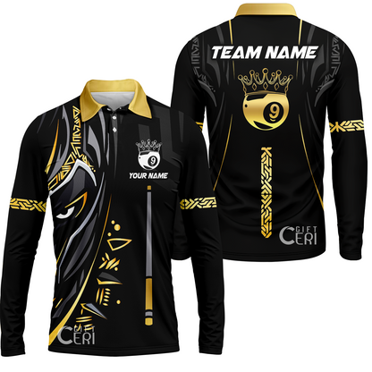Customized Billiards Long Sleeve Polo Shirt, Black Panther With Snooker Cue and Crown 9 Ball Pool Jersey
