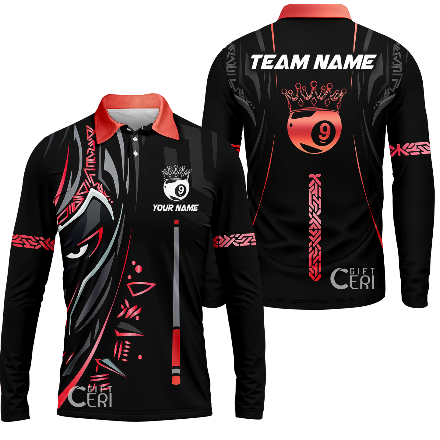 Customized Billiards Long Sleeve Polo Shirt, Black Panther With Snooker Cue and Crown 9 Ball Pool Jersey