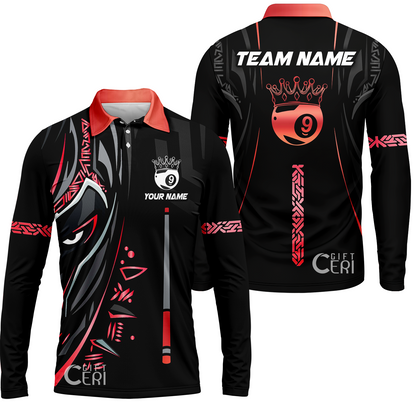 Customized Billiards Long Sleeve Polo Shirt, Black Panther With Snooker Cue and Crown 9 Ball Pool Jersey