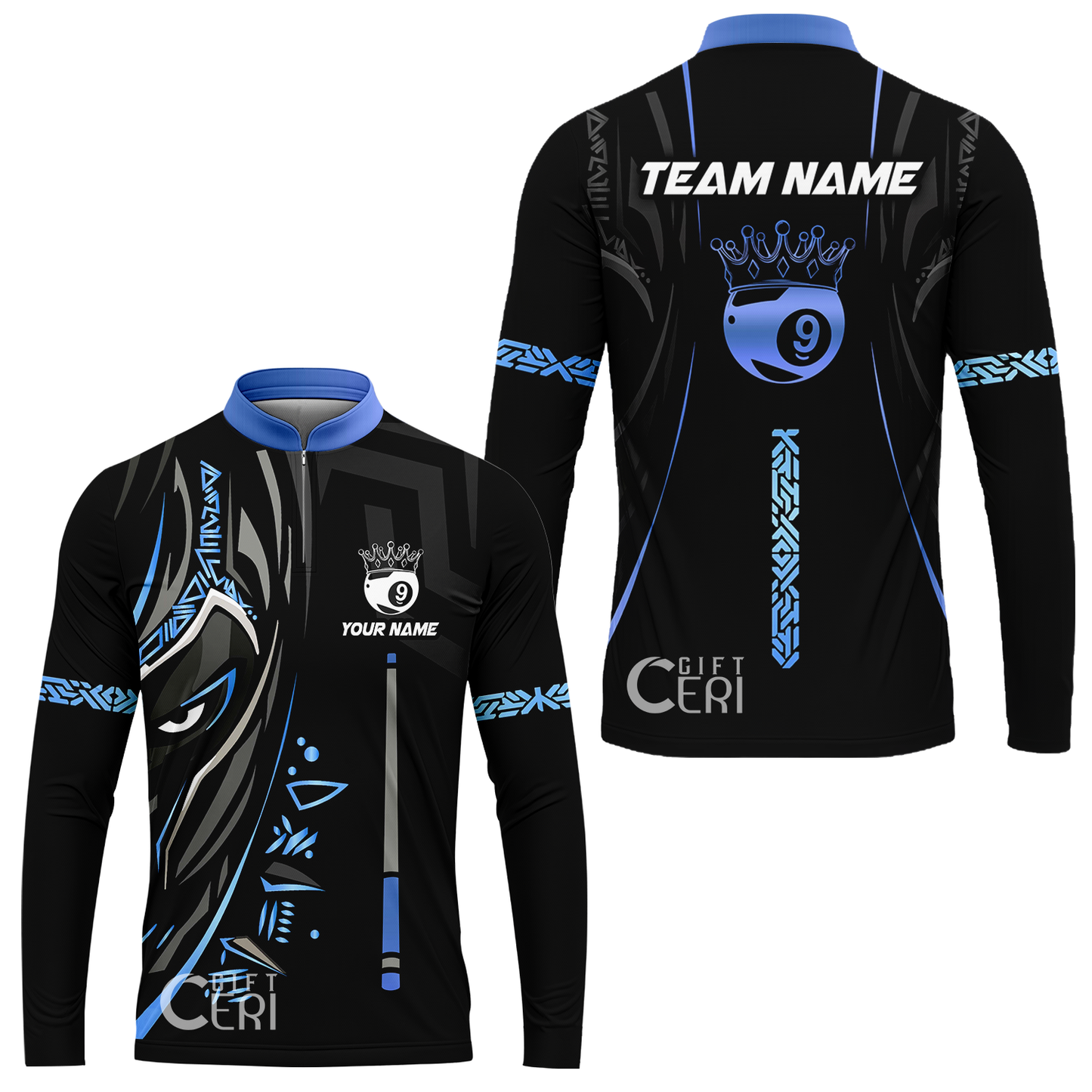 Customized Billiards Stand Collar Quarter-Zip Long Sleeve Jersey, Black Panther With Snooker Cue Crown 9 Ball Pool Jersey