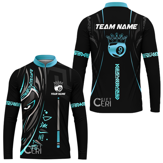 Customized Billiards Stand Collar Quarter-Zip Long Sleeve Jersey, Black Panther With Snooker Cue Crown 9 Ball Pool Jersey