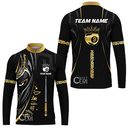 Customized Billiards Stand Collar Quarter-Zip Long Sleeve Jersey, Black Panther With Snooker Cue Crown 9 Ball Pool Jersey