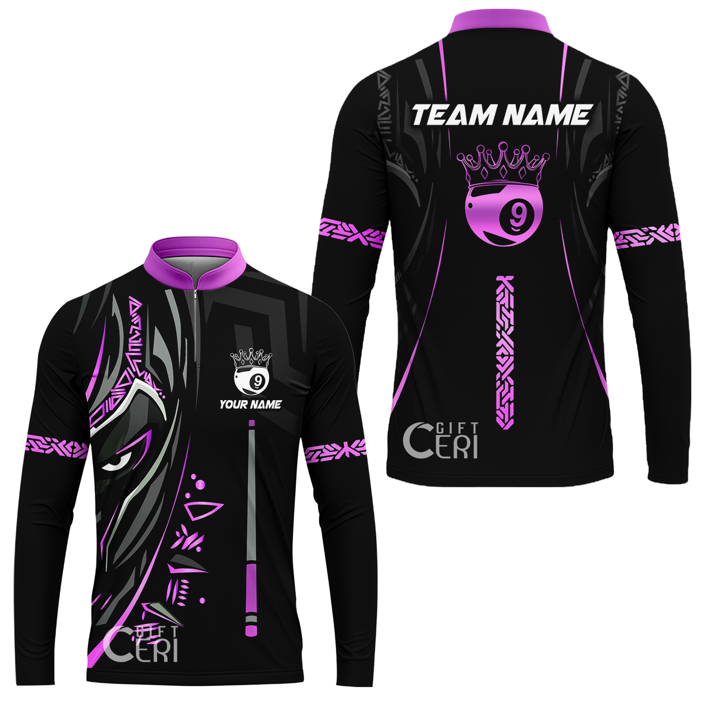 Customized Billiards Stand Collar Quarter-Zip Long Sleeve Jersey, Black Panther With Snooker Cue Crown 9 Ball Pool Jersey