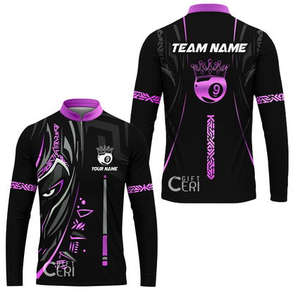 Customized Billiards Stand Collar Quarter-Zip Long Sleeve Jersey, Black Panther With Snooker Cue Crown 9 Ball Pool Jersey
