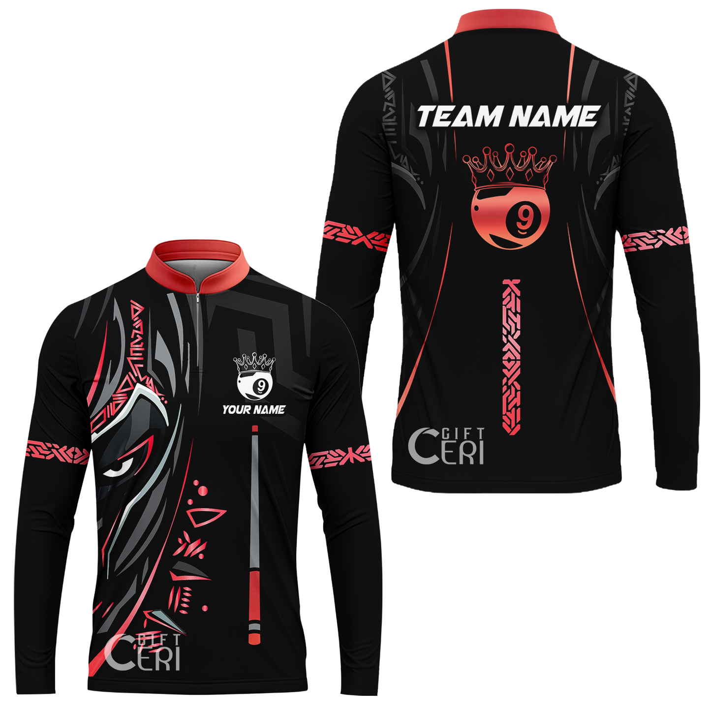 Customized Billiards Stand Collar Quarter-Zip Long Sleeve Jersey, Black Panther With Snooker Cue Crown 9 Ball Pool Jersey