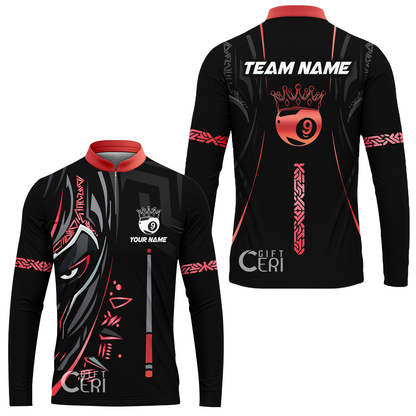 Customized Billiards Stand Collar Quarter-Zip Long Sleeve Jersey, Black Panther With Snooker Cue Crown 9 Ball Pool Jersey