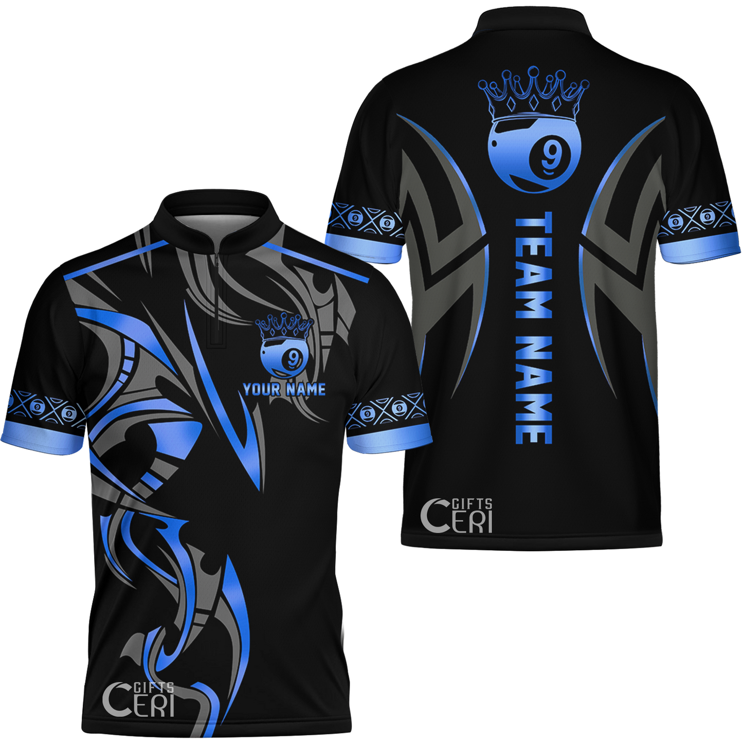 Customized Billiards Stand Collar Quarter-Zip Short Sleeve Jersey, Crown 9 Ball Esport Jersey