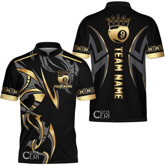Customized Billiards Stand Collar Quarter-Zip Short Sleeve Jersey, Crown 9 Ball Esport Jersey
