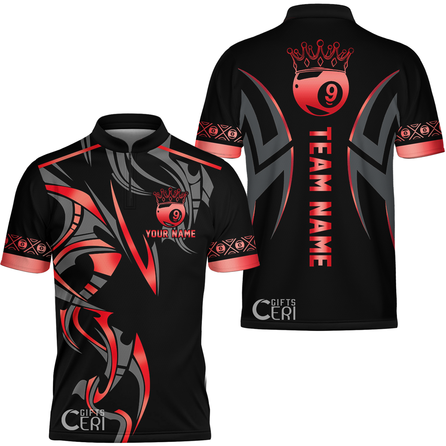 Customized Billiards Stand Collar Quarter-Zip Short Sleeve Jersey, Crown 9 Ball Esport Jersey