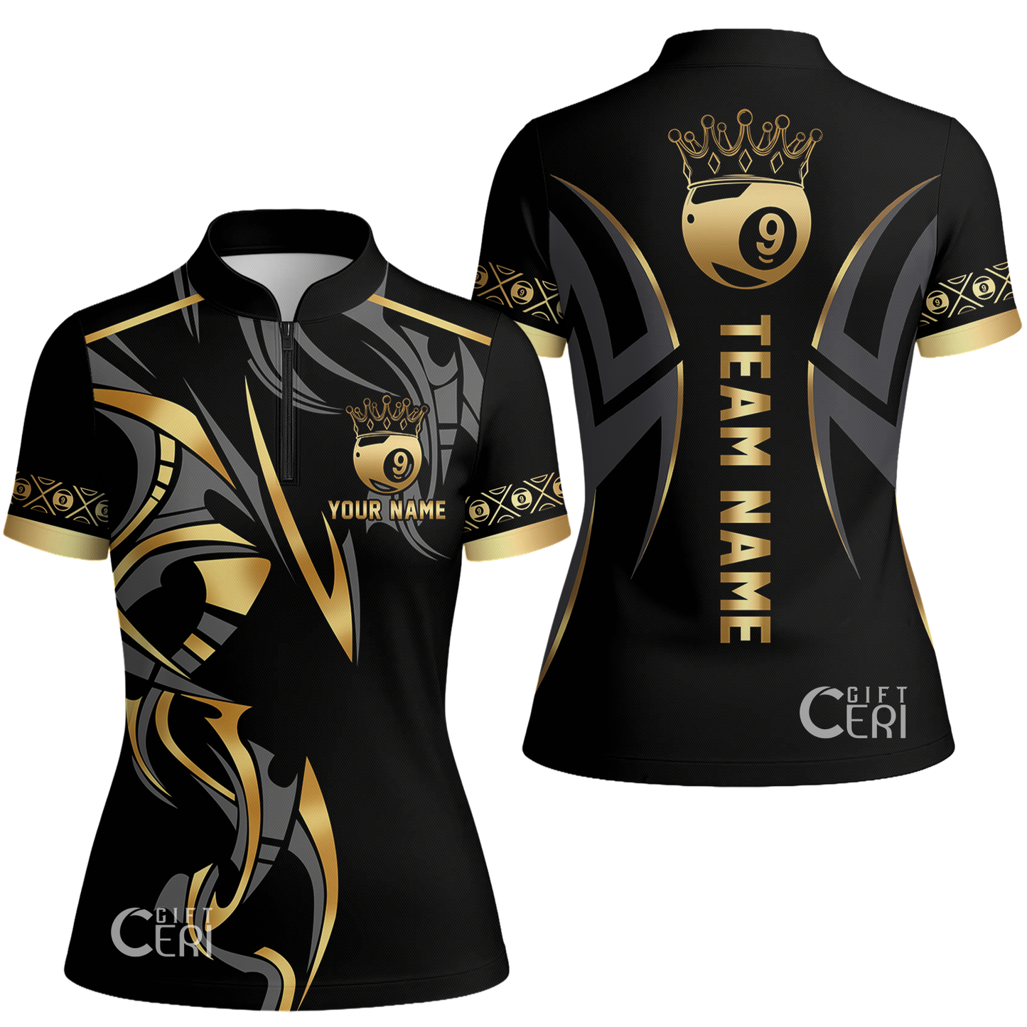 Customized Billiards Stand Collar Quarter Zip Short Sleeve Women's Shirt, Crown 9 Ball Esport Jersey