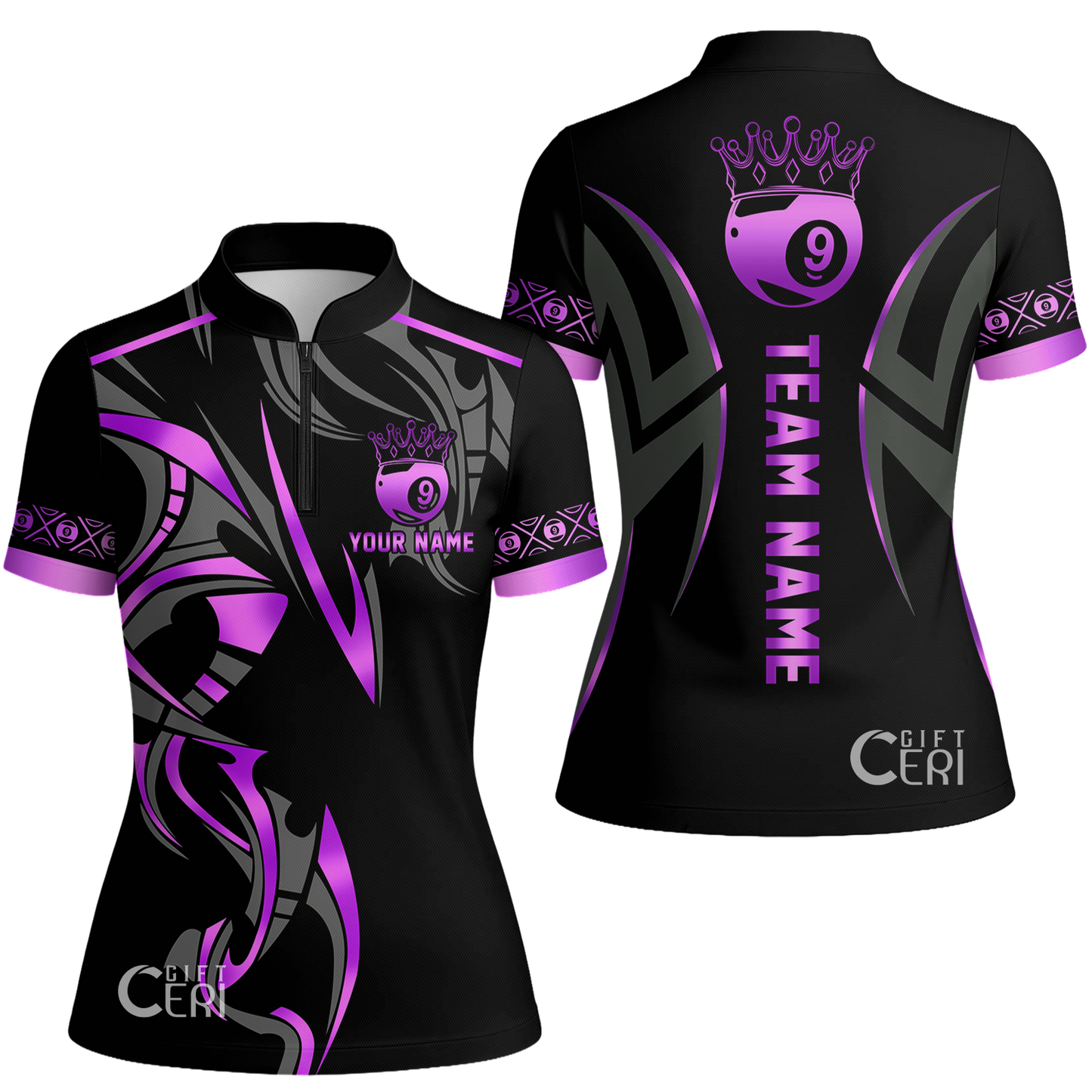 Customized Billiards Stand Collar Quarter Zip Short Sleeve Women's Shirt, Crown 9 Ball Esport Jersey