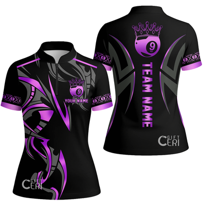 Customized Billiards Stand Collar Quarter Zip Short Sleeve Women's Shirt, Crown 9 Ball Esport Jersey