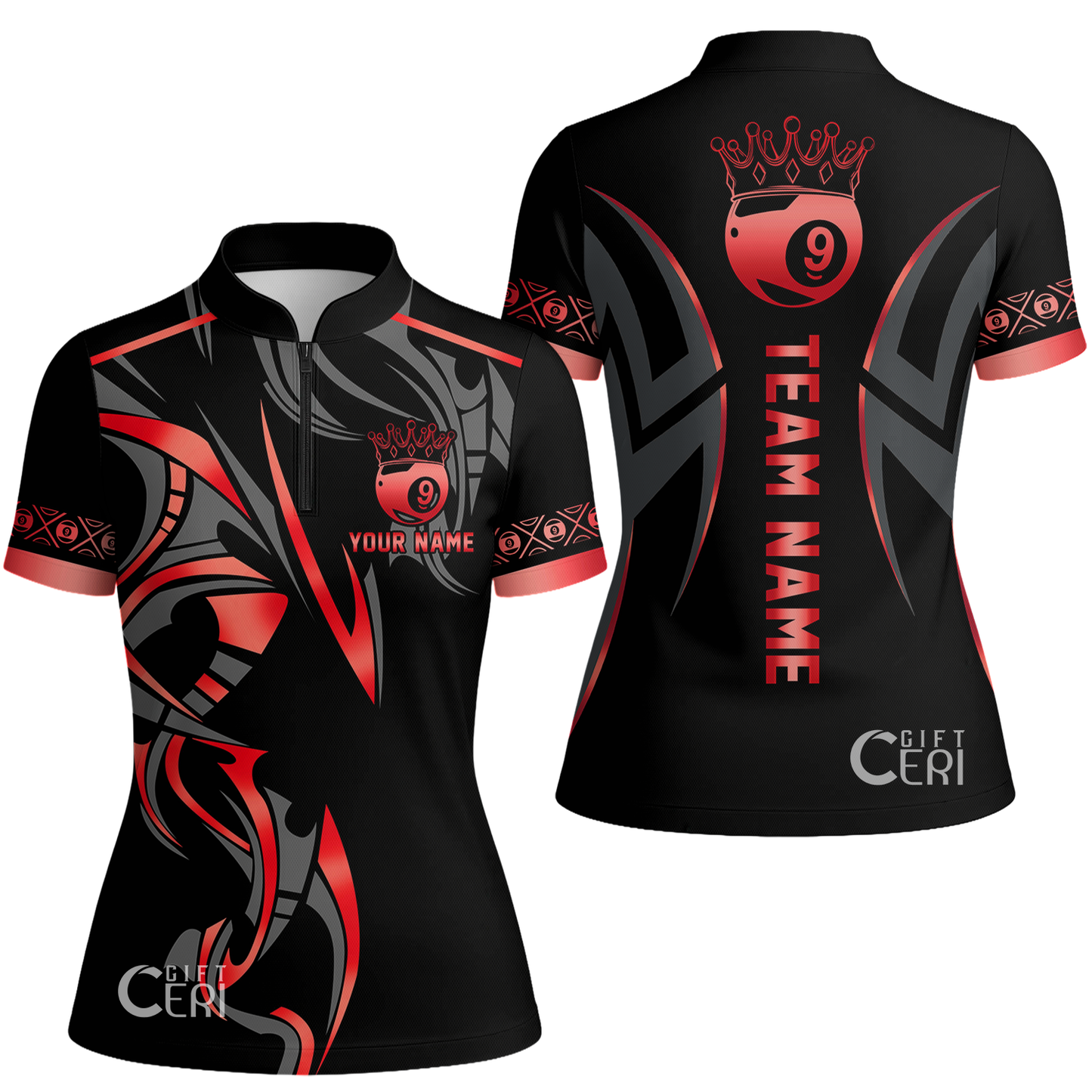 Customized Billiards Stand Collar Quarter Zip Short Sleeve Women's Shirt, Crown 9 Ball Esport Jersey