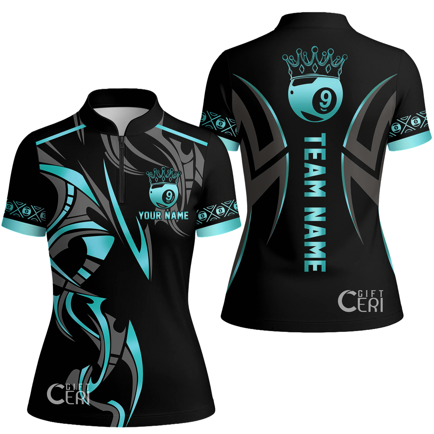 Customized Billiards Stand Collar Quarter Zip Short Sleeve Women's Shirt, Crown 9 Ball Esport Jersey