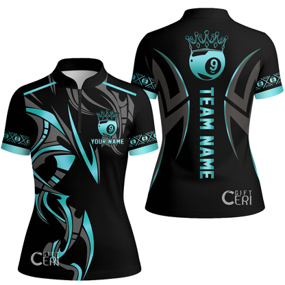 Customized Billiards Stand Collar Quarter Zip Short Sleeve Women's Shirt, Crown 9 Ball Esport Jersey