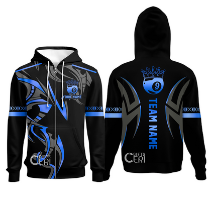 Customized Billiards Zip Hoodies, Crown 9 Ball Esport Jersey