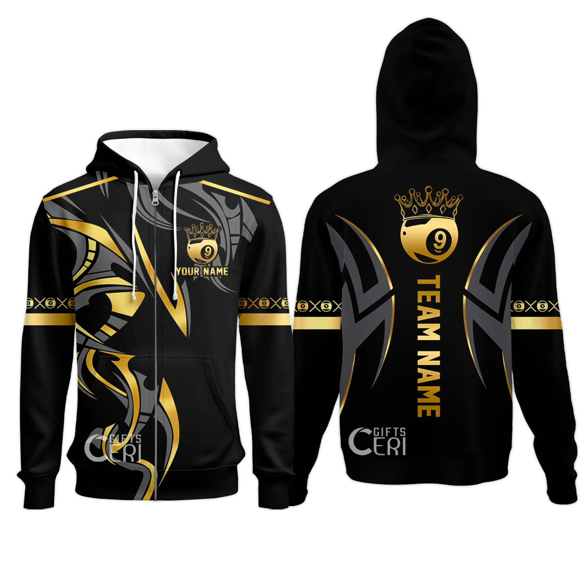 Customized Billiards Zip Hoodies, Crown 9 Ball Esport Jersey