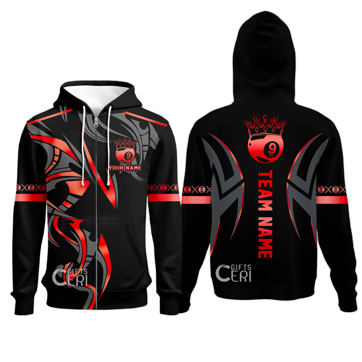 Customized Billiards Zip Hoodies, Crown 9 Ball Esport Jersey