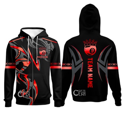 Customized Billiards Zip Hoodies, Crown 9 Ball Esport Jersey