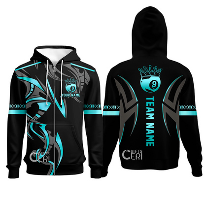 Customized Billiards Zip Hoodies, Crown 9 Ball Esport Jersey