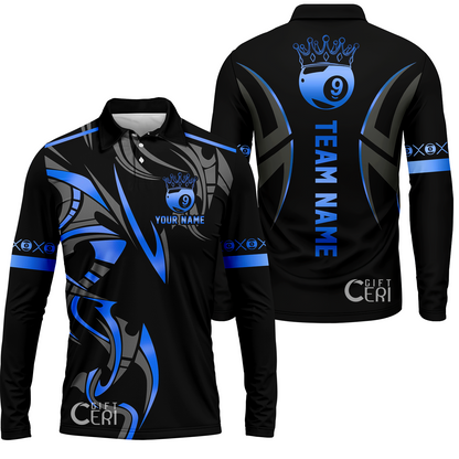 Customized Billiards Long Sleeve Polo Shirt, Crown 9 Ball Esport Jersey