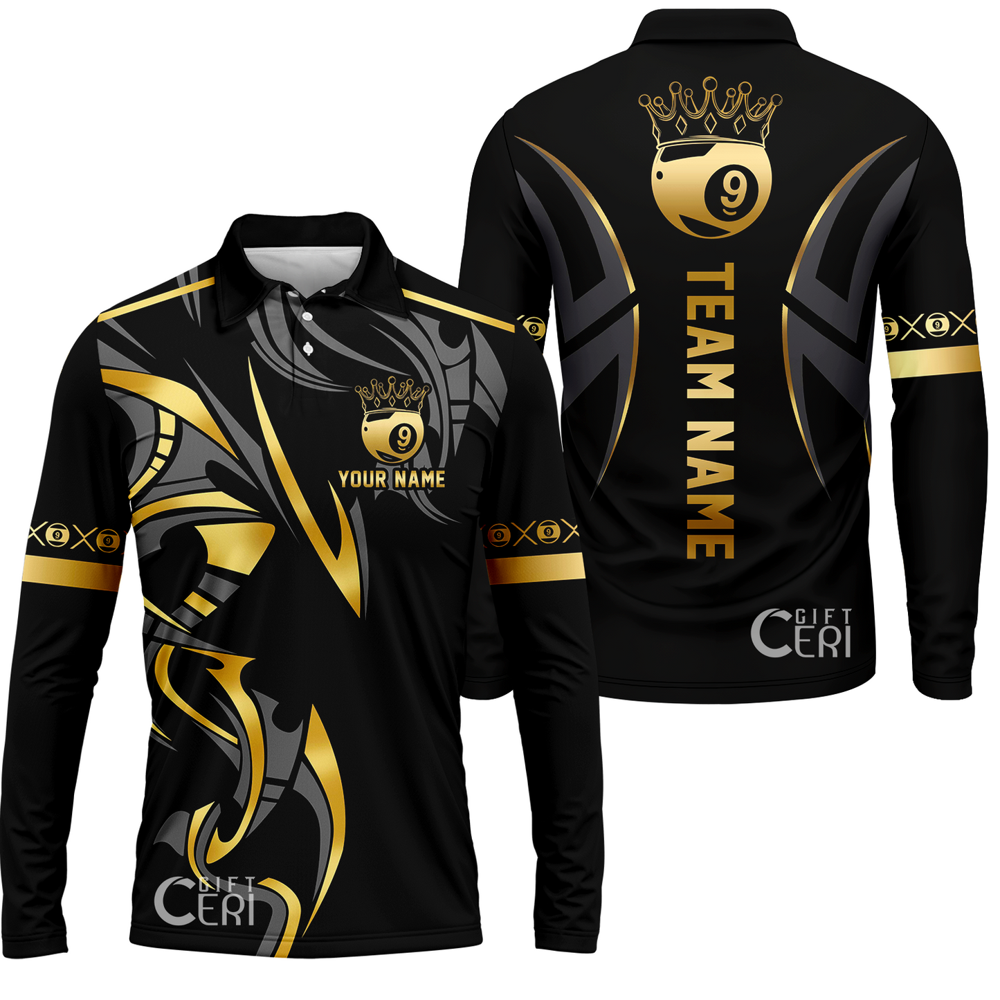 Customized Billiards Long Sleeve Polo Shirt, Crown 9 Ball Esport Jersey